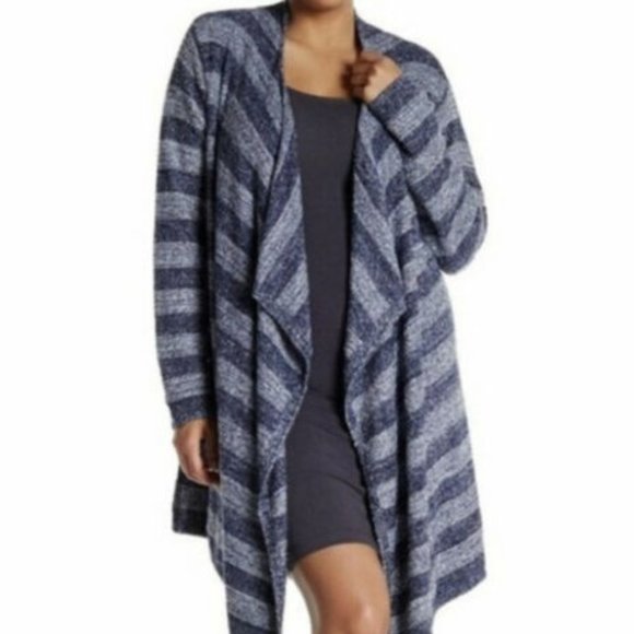 Barefoot Dreams Blue Striped Bamboo Chic Lite Cardigan L/XL Long Sleeve - Picture 1 of 10